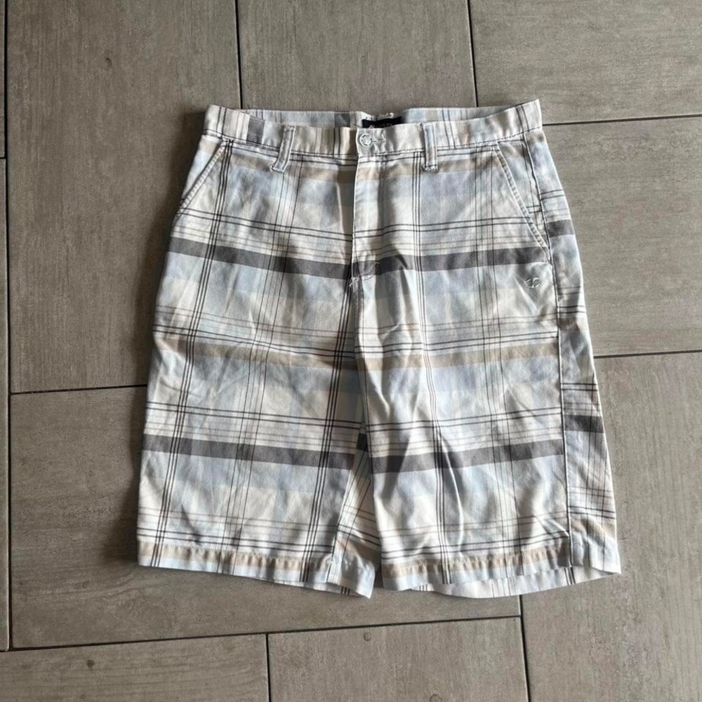 Split Plaid Mens Shorts 33 Blue Grey Tan Skater Casual Summer PA090